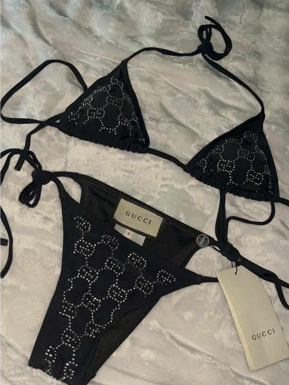 GUCCI Black Rhinestone Logo Triangle Bikini - Picture 4 of 4